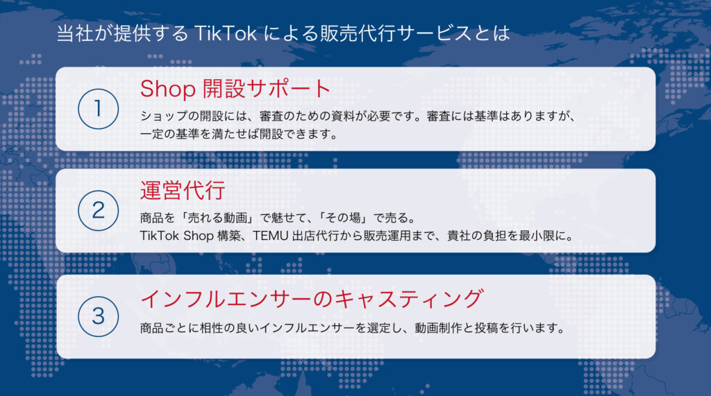 提供するTikTokショップによる販売代行サービスとは、ショップ開設サポート、運営代行、インフルエンサーのキャスティング